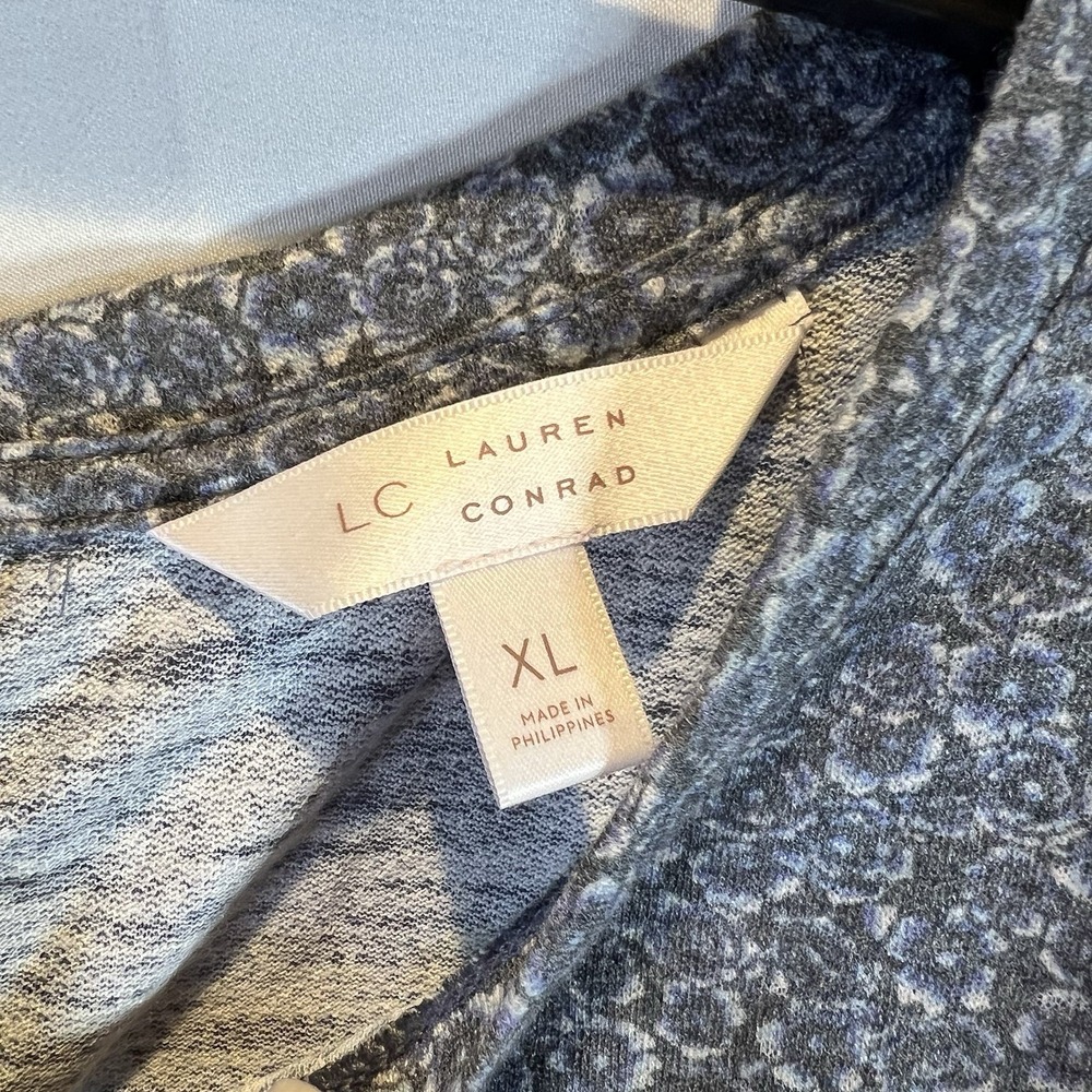 NWT Lauren Conrad XL Shirt Peasant Bishop Sleeve Gray Blue Kohls Bow Back XLarge - Picture 4 of 6